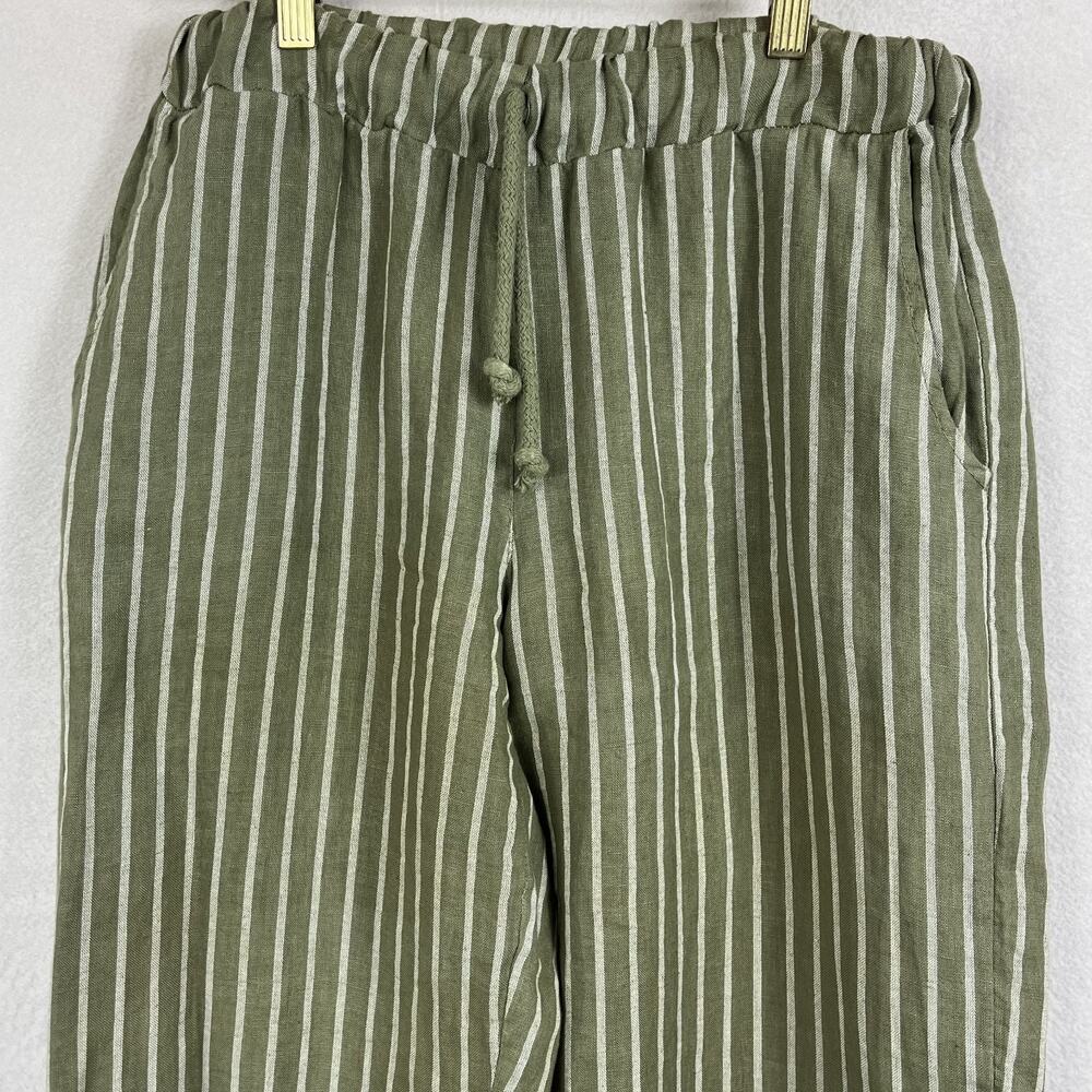 100% Lin Blanc Drawstring Linen Trousers Women's 38 Olive Green & White Striped - Picture 2 of 11
